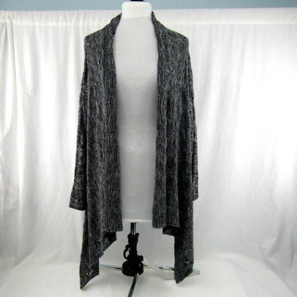 Chicos Gray Heather Cardigan Sweater Womens Size M 1 Sharkbite Hem Open Weave - Picture 11 of 11